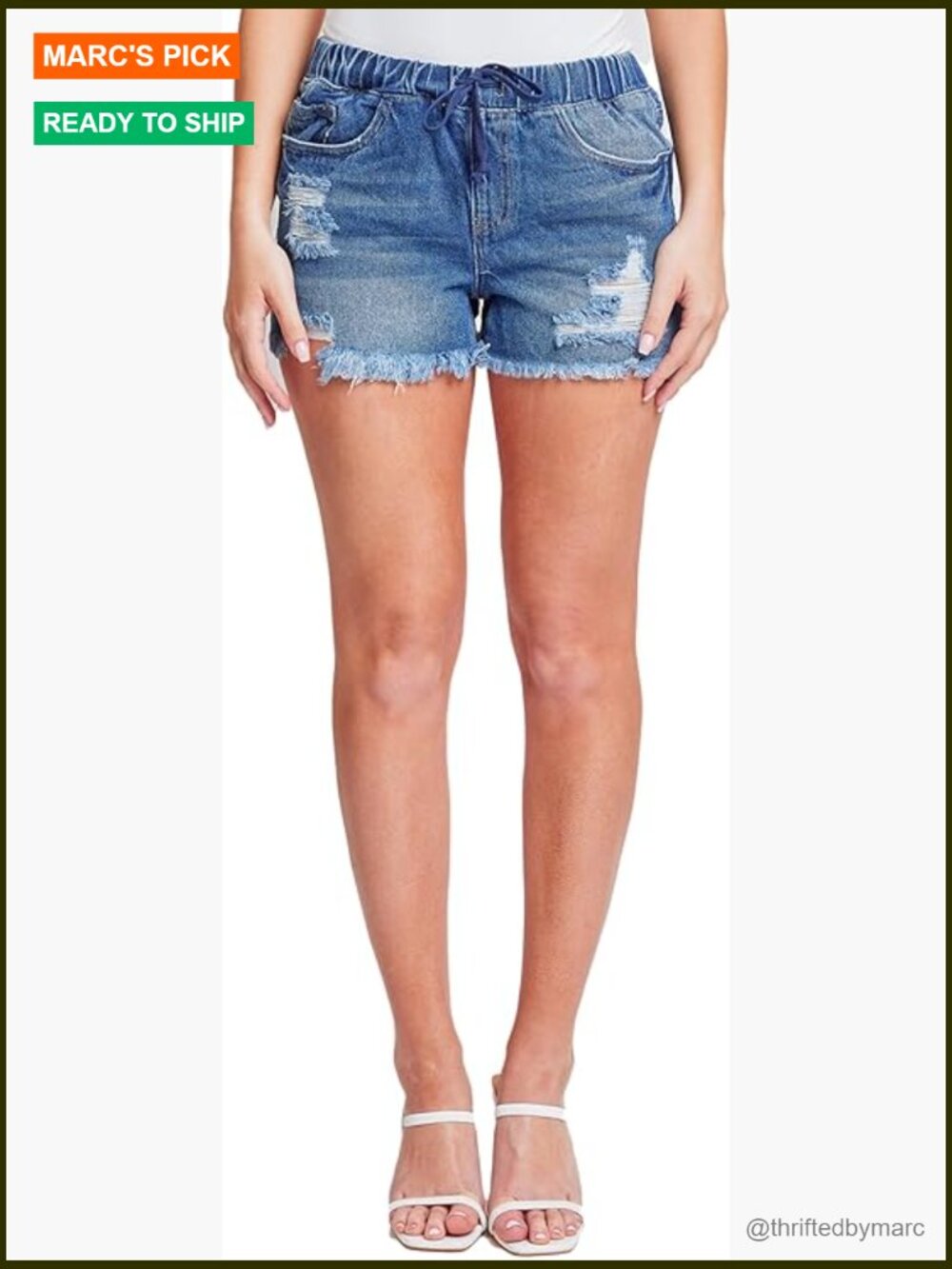 High-Rise Denim Jogger Shorts With Front Tie, Cotton Polyester Blend